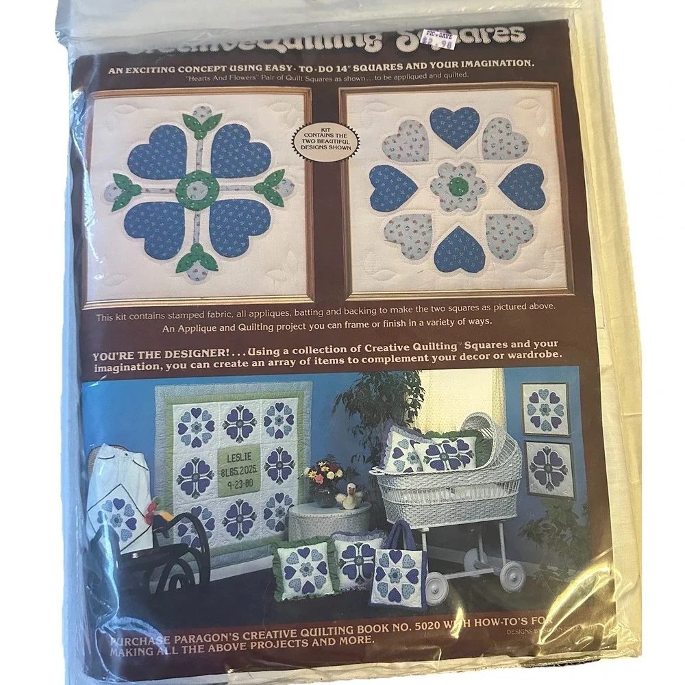 Vintage 80s‎ Paragon Creative Quilting Squares Kit Blue Hearts and Flowers New